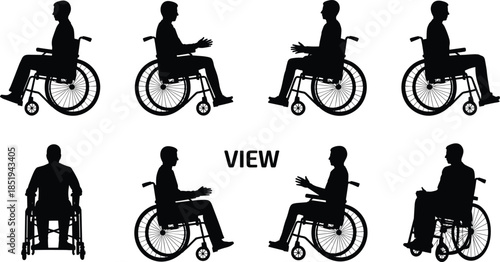 Wheelchair user silhouette set from multiple views, disabled person illustration, accessibility mobility concept, medical support design, isolated black vector