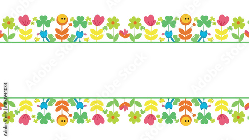 Colorful floral border design with easter bunnies and flowers