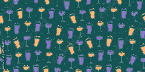 Wine glasses. Seamless pattern. Multicolored mixed cold drinks. Alcohol, cocktails, lemonade. Simple line icons, vector graphics. Sketch, doodle. Hand-drawn. Repeating background, line art.