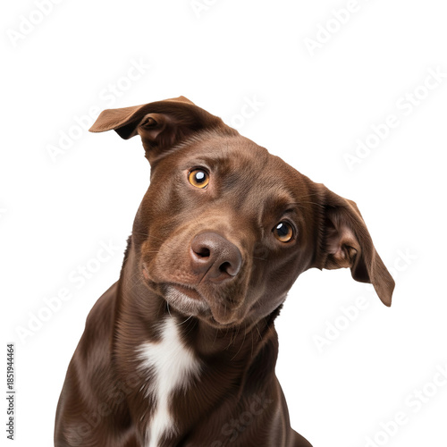 The image shows a brown and white dog with floppy ears looking upwards towards the camera. The dog has a black patch around its nose