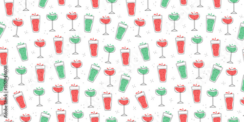 Cocktail, seamless pattern. Wine glasses. Multicolored mixed cold drinks. Alcohol, lemonade. Simple line icons. Sketch, doodle. Hand-drawn. Repeating background.