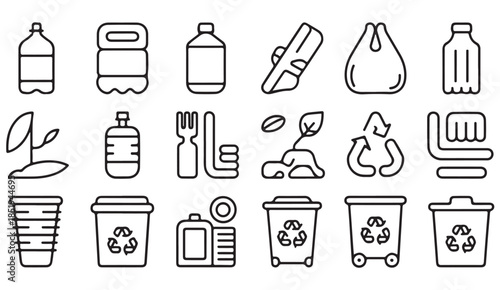 Simple sketch trash and eco recycling symbols set in monochrome illustration