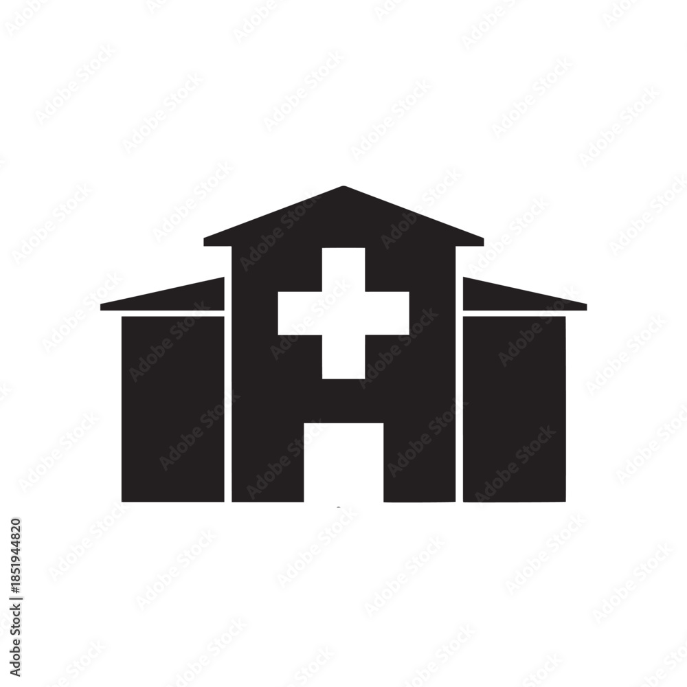 Obraz premium Black silhouette of a hospital building with a white cross symbol vector
