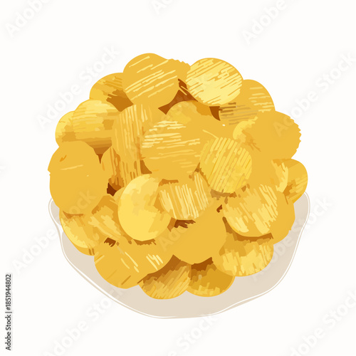 Pile of golden potato chips in a white bowl isolated on white background