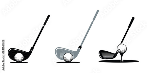Crossed golf clubs badge logo graphic, single line style iron and wedge stick with golf ball on tee for sports competition and club branding.