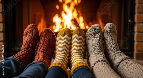 Three pairs of feet wearing warm socks by the fireplace