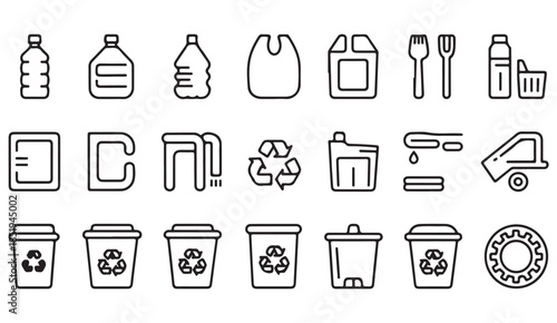 Hand drawn recycling and waste sorting icons set in minimal outline style