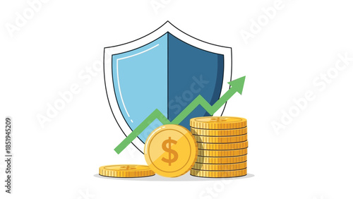 Illustration of a shield with coins and a growing graph, symbolizing financial protection and success.
