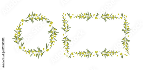 Olive tree branch. Set frames, borders, banners, space for text. Green branches with fruit. Round and horizontal natural background. Mediterranean vegetables, vegan diet, food, organic cosmetics.