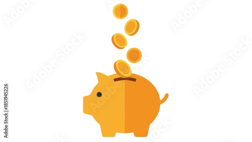 A graphic illustration of a piggy bank with coins falling into it on white background.