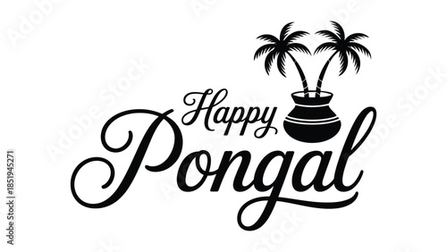 Happy Pongal festival elegant black typography illustration with palm trees traditional harvest celebration greeting design isolated on white background