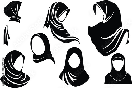Hijab and Headscarf Black Silhouette Icon Set.
