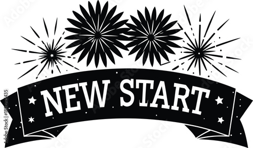 New Start” text banner with colorful fireworks, festive celebration of new beginnings, optimism, and joy, isolated on white background, modern clean illustration