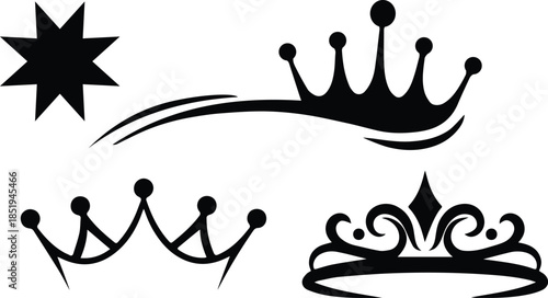 Royal Crown Black Silhouette Icon Set.