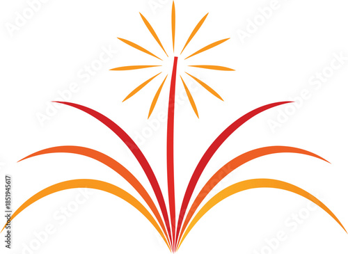 Dynamic upward motion symbol of firework lines, sparkling celebration, abstract bright trails, festive energy illustration on white background, glowing fireworks effect