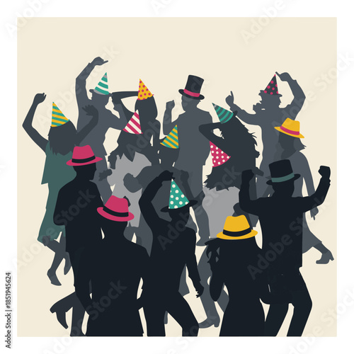 Dancing party silhouettes with hats festive celebration vector illustration