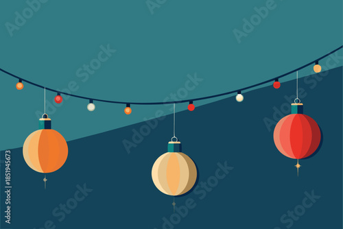 Festive Christmas baubles suspended from bright string lights, joyful holiday vector graphic