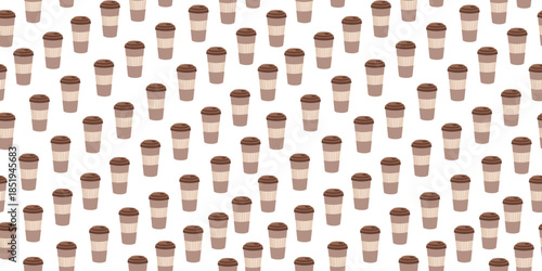 Disposable coffee cup. Seamless pattern. Takeaway coffee, flat design. Food and drink. Hand drawn. Repeating background.