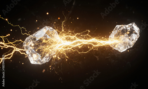 Flash Loan Energy. A brilliant, intense bolt of golden light, representing a flash loan, momentarily connects two large, floating crystals