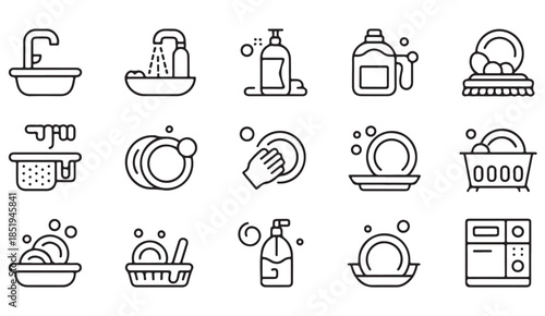 Hand drawn kitchen sink and dishwashing icons set in minimal outline style