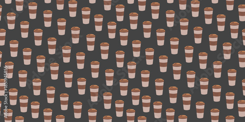 Coffee cup pattern. Takeaway coffee, flat design. Food and drink. Hand drawn. Repeating background.