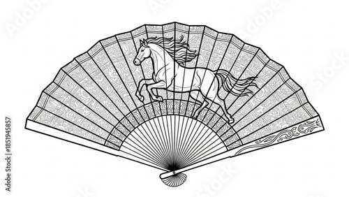 Beautiful black and white fan with horse design, decorative accessory
