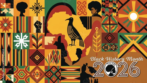 Vibrant black history month 2026 celebration graphic with diverse silhouettes, bird, and ornate