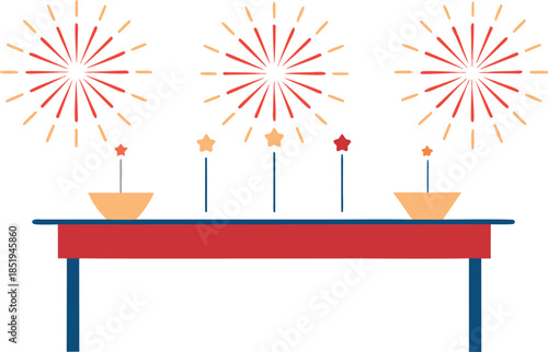 Festive party table with symmetrical fireworks above, colorful celebration sparks, elegant holiday dinner setting, joyful event decoration, celebration concept