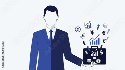 Illustration of a businessman holding a briefcase with financial symbols.