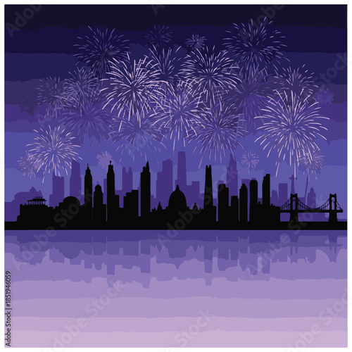 Fireworks over city skyline at night celebration and urban event concept