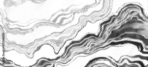 Pixelated bitmap gradient texture. Black and white dither pattern background. Abstract glitchy pattern. 8 bit video game screen wallpaper. Wide raster backdrop. Retro pixel art Illustration