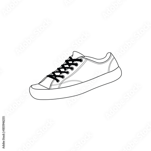 White sneakers with black laces illustration with white laces and sole. Minimalist footwear vector for fashion, lifestyle, and streetwear design projects. Isolated on white background