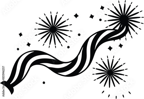 Curved party streamers with sparkling fireworks, colorful festive ribbons, joyful celebration decoration, bright holiday vibes, sparkling event effect, cheerful festive mood, party background