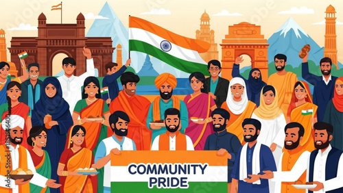Diverse group of people celebrating community pride with indian flag and iconic landmarks