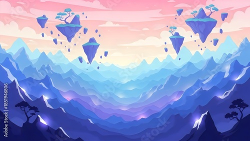 Pastel Surreal Mountain Valley with Floating Islands Background