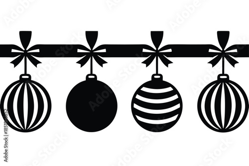 Seamless stripe pattern of Christmas baubles with decorative bows, festive holiday vector background