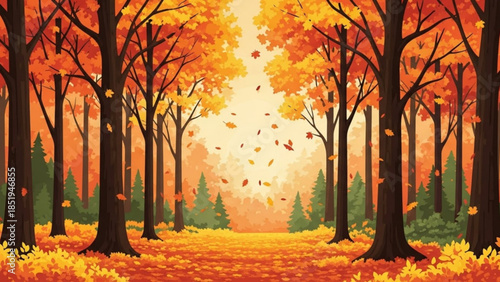 Vibrant autumn forest scene with trees, leaves falling, orange and yellow hues, serene
