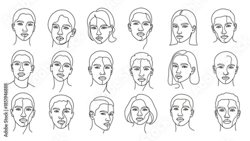 Collection of 18 diverse facial sketches of men and women in various styles