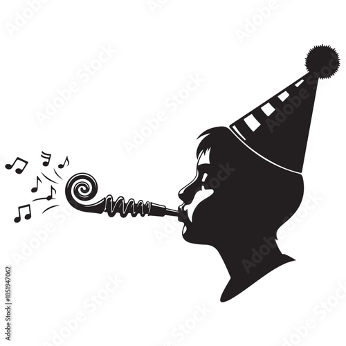 Child blowing party horn silhouette with music notes celebration
