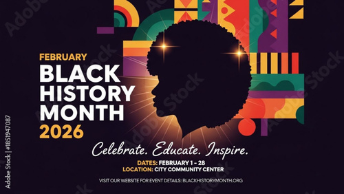 Black history month 2026 celebration poster with colorful silhouette and geometric patterns
