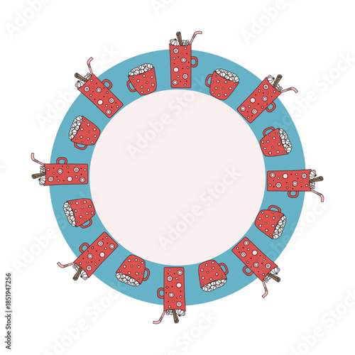 A cup and mug with dessert. A bright frame and banner with space for text. Hand-drawn linear icons and a round border. Delicious cocoa milk dessert in mugs with marshmallows. Sweet cocoa balls.