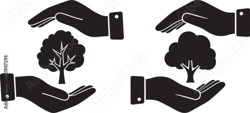 Hands protecting trees icon set, environmental protection and nature care concept