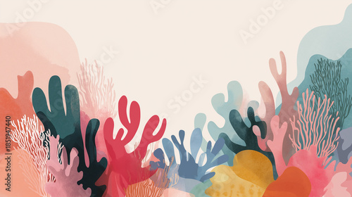 Simplified coral reef forms in soft pastel colors, abstract underwater concept
