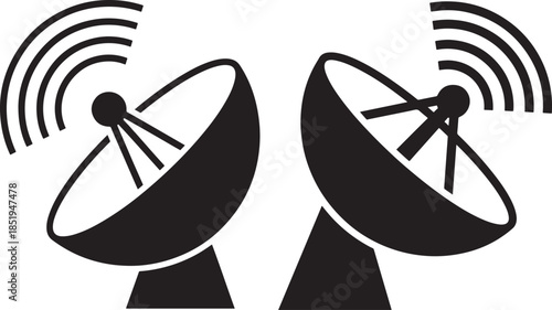 Two satellite dishes transmitting and receiving signals icon, communication technology