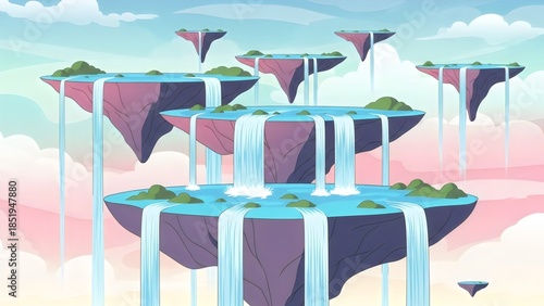 Surreal Floating Islands with Waterfalls Pastel Fantasy Background
