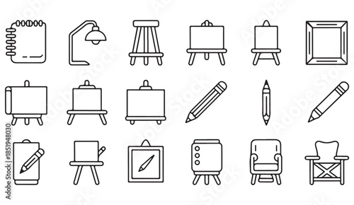 Hand drawn art supplies and drawing tools icons set in minimal outline style