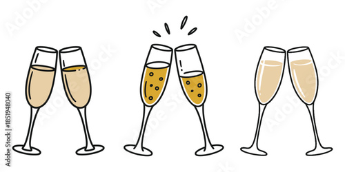 Cheers with wineglasses vector illustration, two glasses of wine clinking for celebration toast icon and restaurant bar beverage menu design in minimalist linear style.
