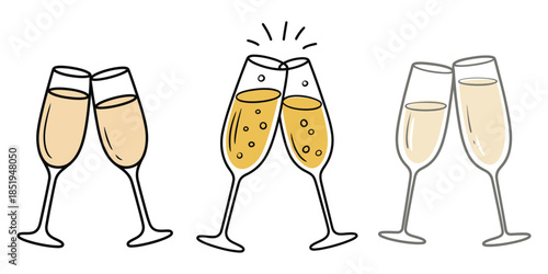 Cheers with wineglasses vector illustration, two glasses of wine clinking for celebration toast icon and restaurant bar beverage menu design in minimalist linear style.