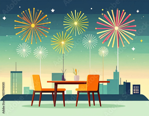 Vector illustration of a restaurant interior featuring a wooden dining table and chairs with festive New Year’s Eve celebration decor and elegant light design for a dinner room house setting