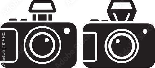 Two black camera icons with different flash styles isolated on white background